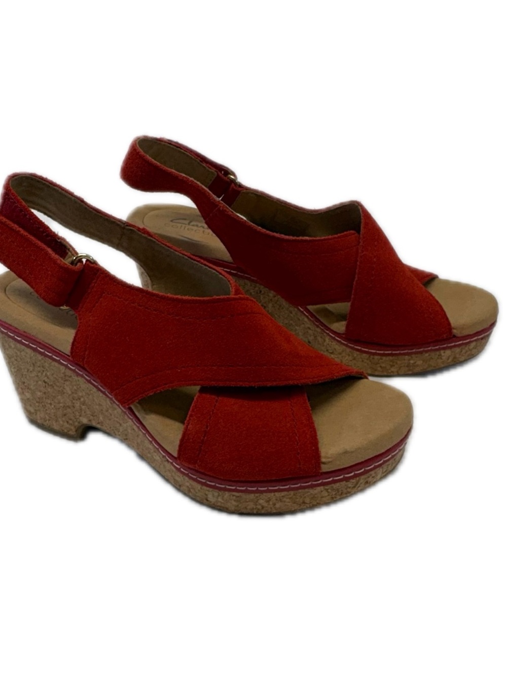 NWOT Clarks Collection Giselle Cove Red Suede Cork Wedge Sandals Size 8